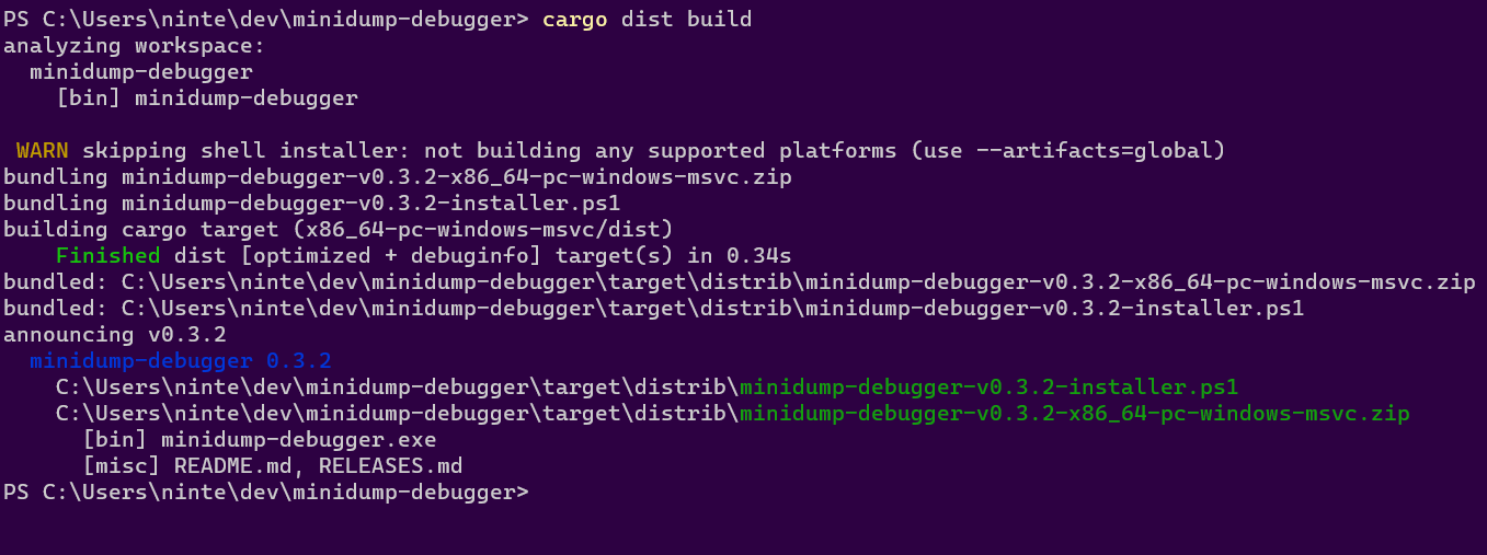 Running "cargo dist build" on a project, resulting in the application getting built and bundled into a .zip, and an "installer.ps1" script getting generated. Paths to these files are printed along with some metadata.
