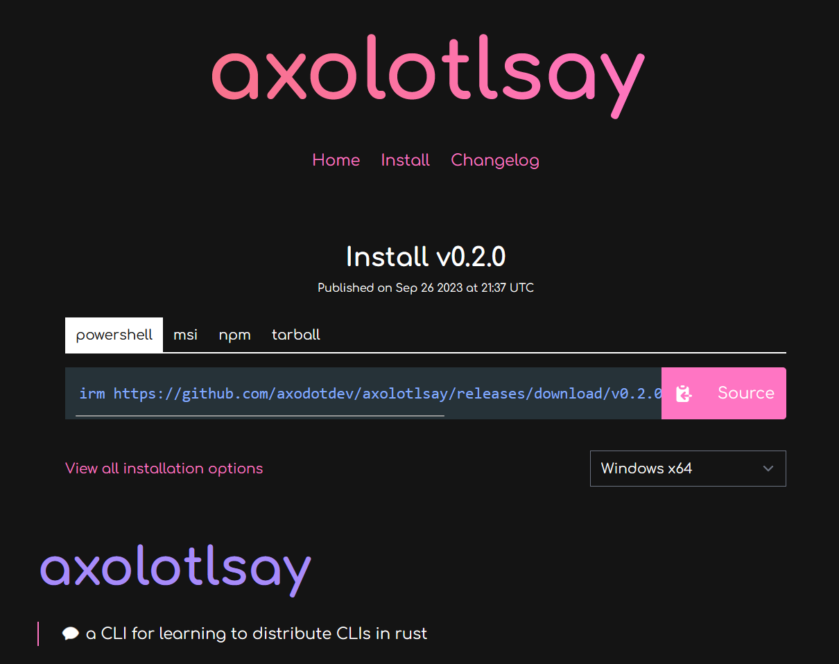 A website for "axolotlsay" that has a widget that detects the user's platform and suggests installation methods
